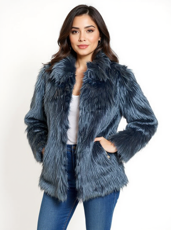 Fashionable Black Faux Fur Ladies Pre-Owned Jacket - Size Large