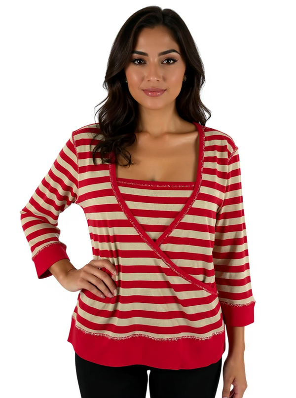Bordado Red/Tan Stripe Ladies Pre-Owned New with Tags Top - Size Medium