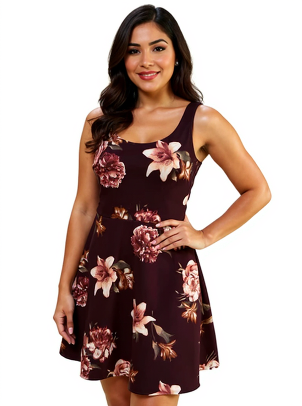 Blu Pepper Maroon Floral Pre-Owned Ladies Dress - Size Small modeled on a woman, featuring a sleeveless scoop neck and A-line fit with floral print.