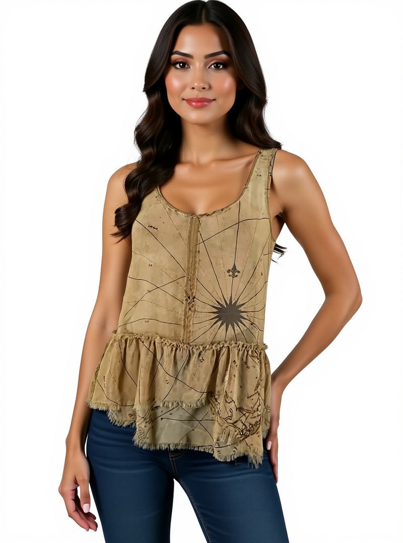 Rachel Roy Tan Pre-Owned Ladies Top - Size Small styled on model, featuring nautical map print, peplum hem, and raw edge details.