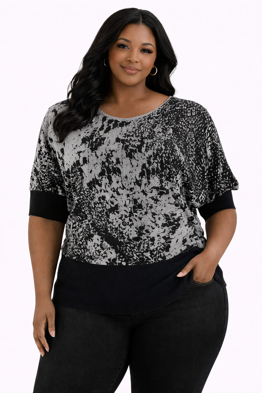 Worthington Black/Gray Print Pre-Owned Ladies Short Sleeve Top - Size 1X