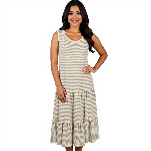 BB Dakota Tan/Cream Stripe Pre-Owned New With Tags Ladies Dress - Size Small