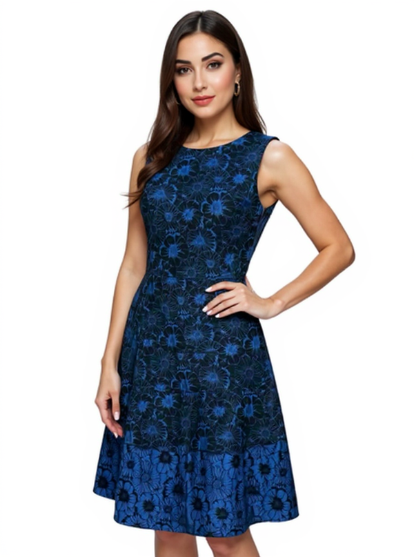 Anne Klein black and blue floral jacquard sleeveless dress in size 10, featuring a fit and flare silhouette with a ruffle hem, ideal for work or cocktails.