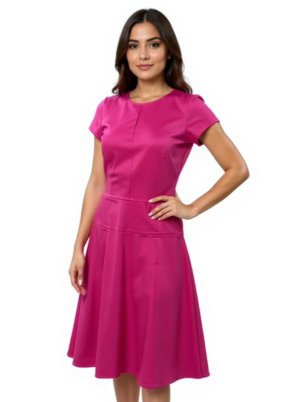 Nanette Lepore Fuchsia Pink Fit & Flare Cap Sleeve Dress Size 8 modeled on woman, ideal for business casual or wedding guest attire.