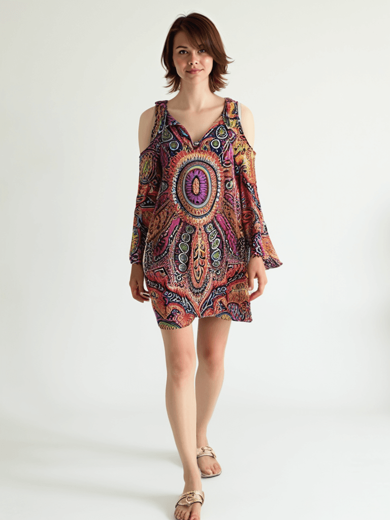 Model wearing Alice & Trixie Dress Size XS in bold blue multi-color print with cold-shoulder design, available at Margaret's Fine Consignments.