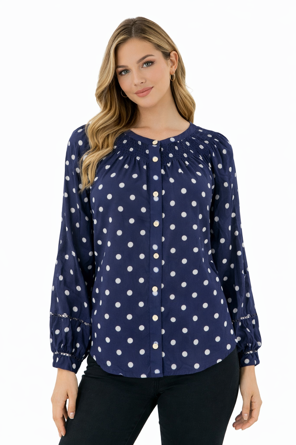 Talbots Navy/White Polka Dot Pre-Owned Ladies Top - Size Petite