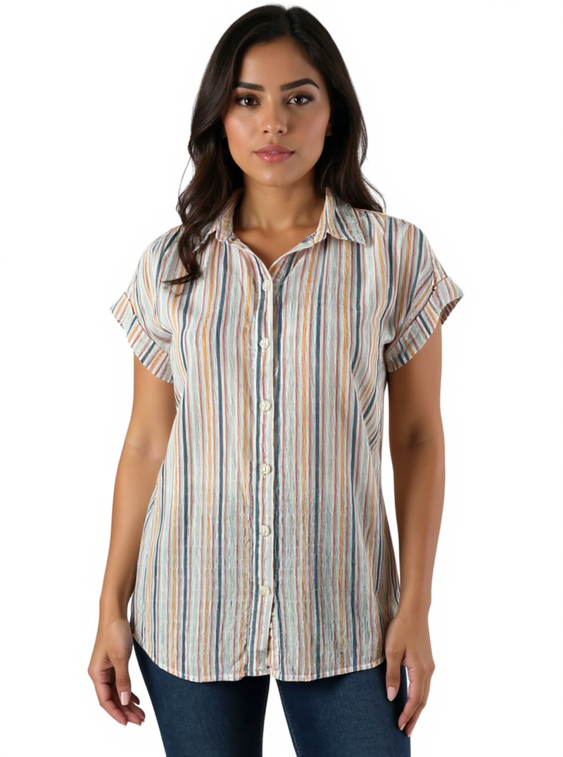 Ana White/Blue/Peach Stripe Pre-Owned Ladies Top - Size Small
