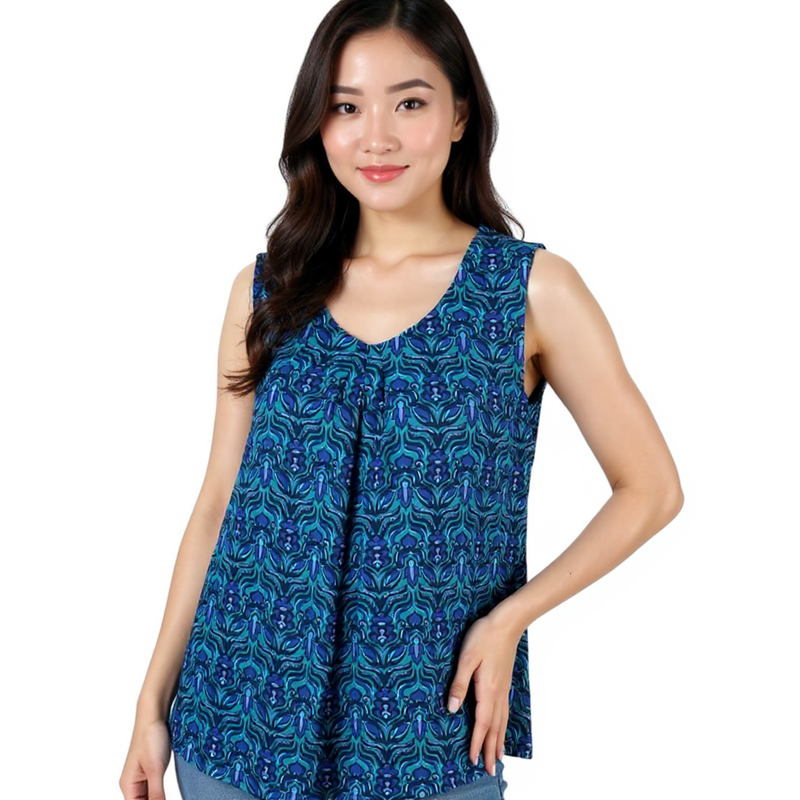 Coldwater Creek Blue/Green Print Pre-Owned Ladies Top - Size Large