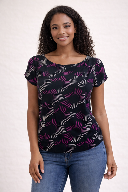 Alfani Petite black and purple print pullover blouse for women, size small petite, featuring a casual design.
