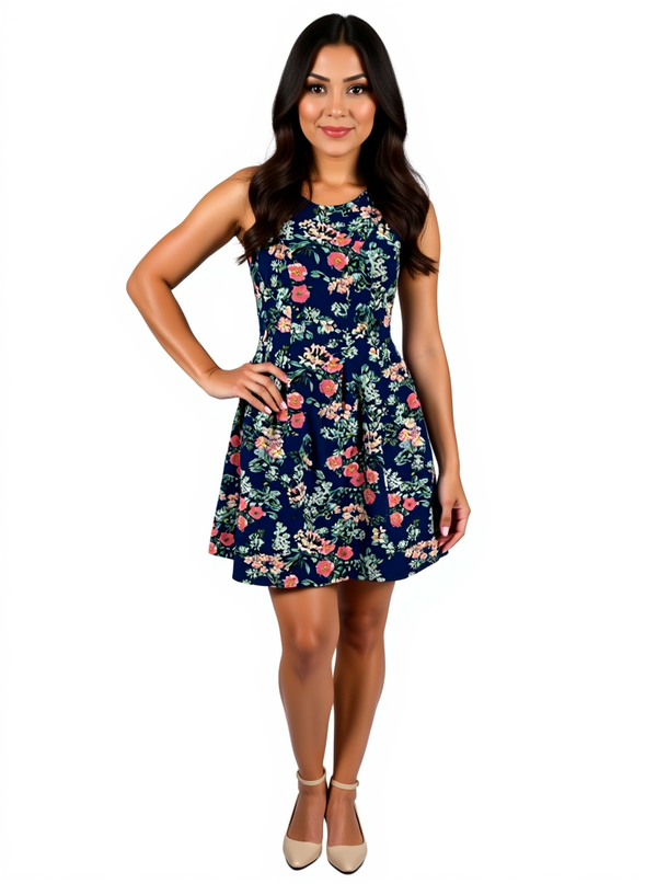 Pink Rose blue sleeveless floral skater dress in size M, modeled to show flattering A-line fit with pink and green flower print.