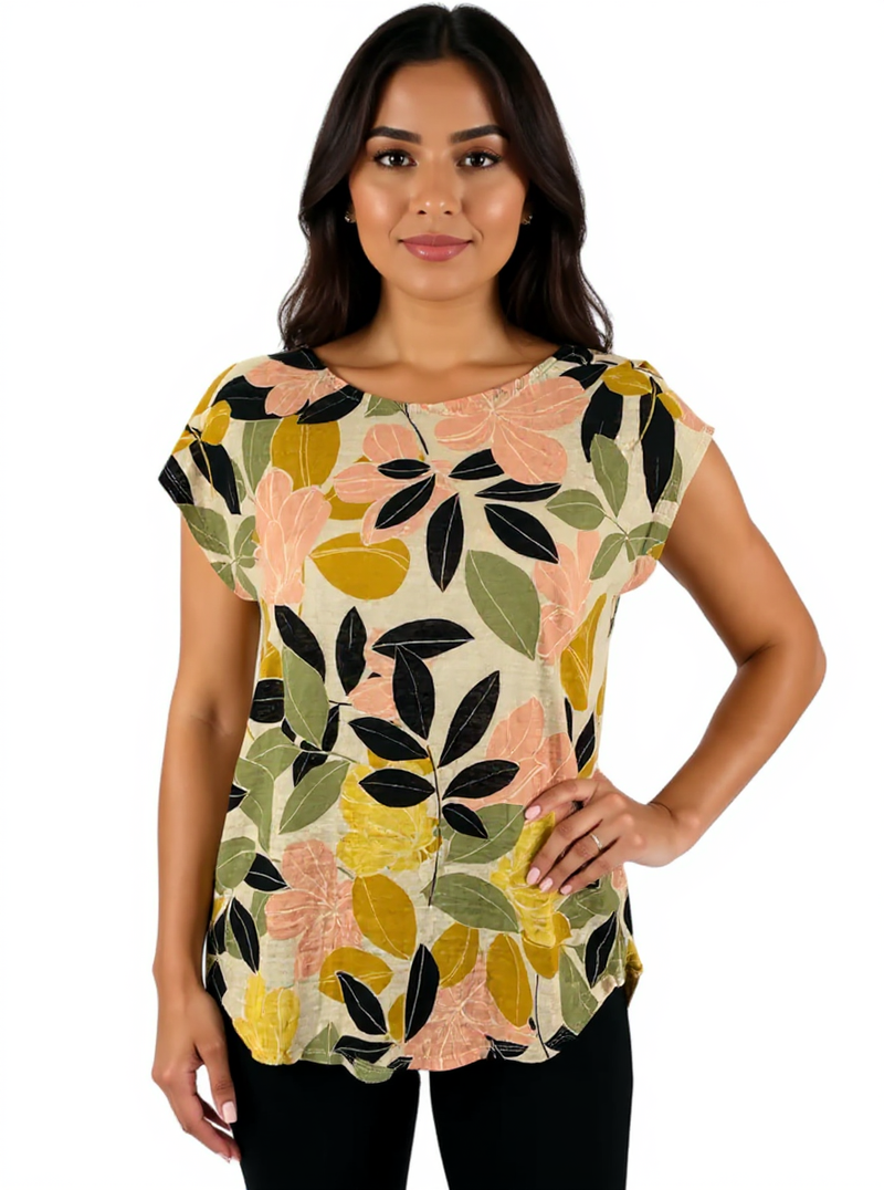 Rachel Zoe Tan/Green/Blush/Black Floral Pre-Owned Casual Top - Size Large