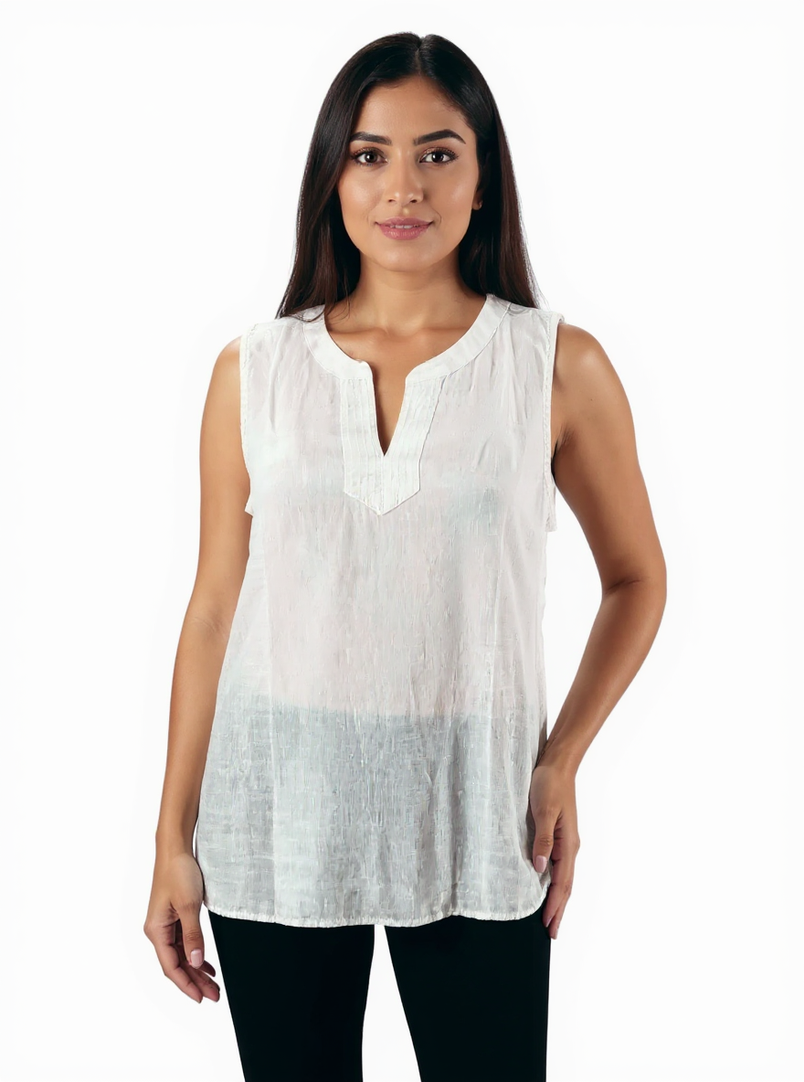 Talbots white solid sleeveless tank top with split-neck and pintuck detailing in size medium petite.