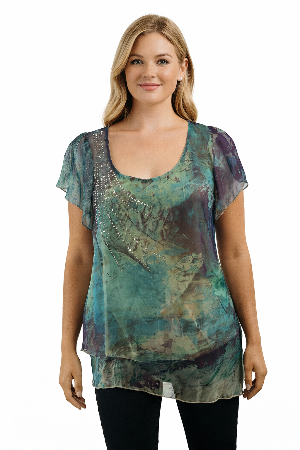 Live andLet Live Green/Purple Pre-Owned Ladies Top - Size Large Petite - Margaret’s Fine Consignment