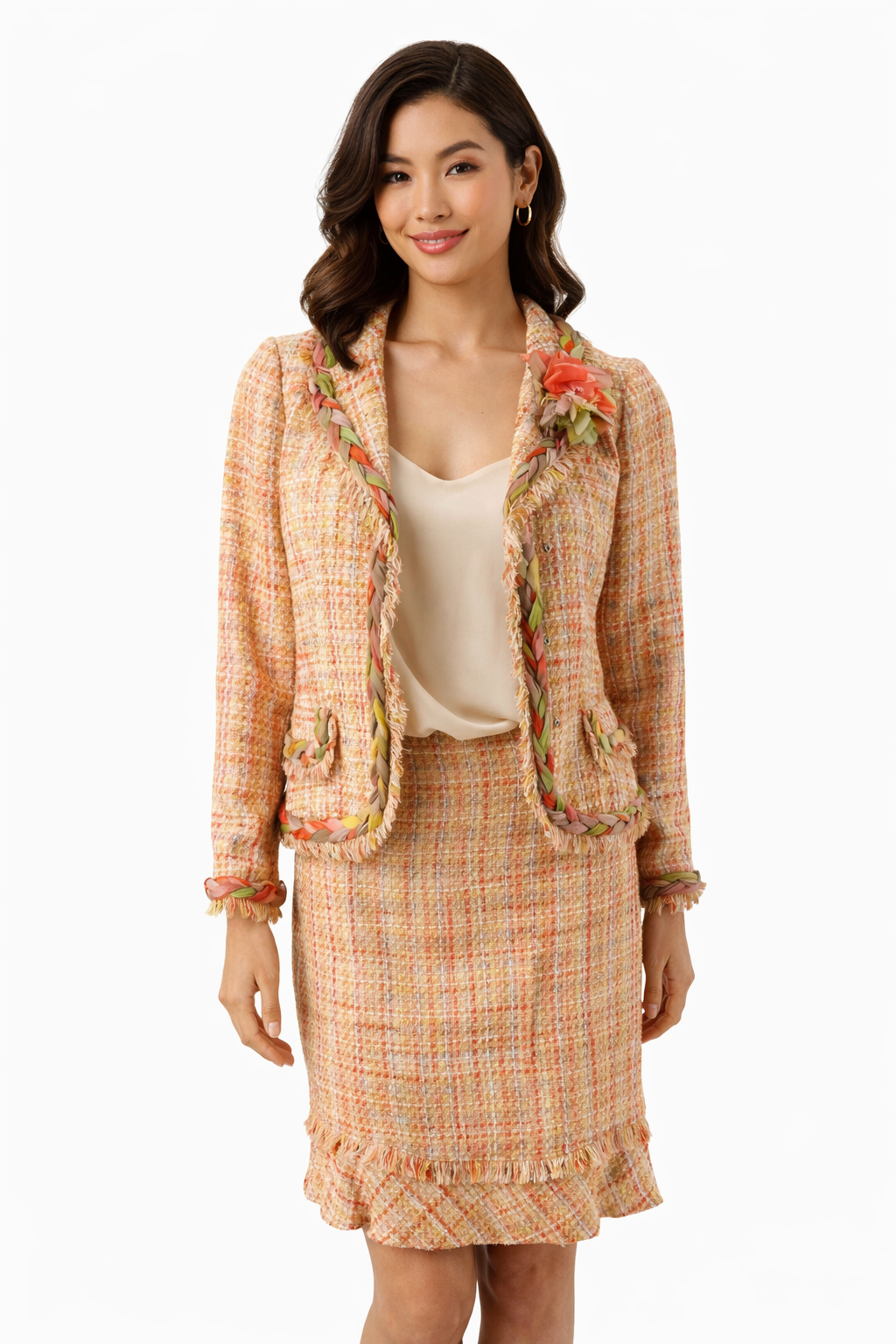 Teri Jon Orange/Green Tweed Pre-Owned Ladies 2 Piece Skirt Suit - Size 2