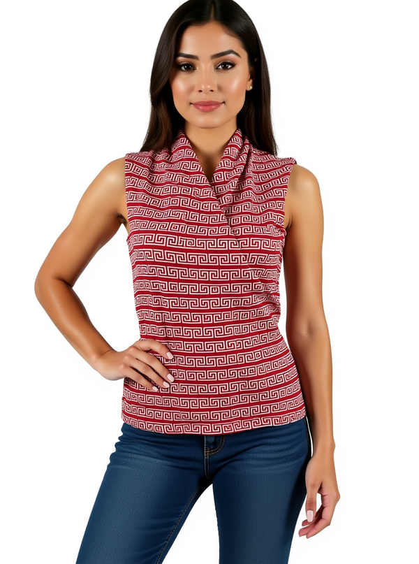 J. McLaughlin Coral Greek Key Catalina Cloth Cowl Neck Top in size small, modeled with jeans. Sleeveless pullover blouse ideal for resort wear.