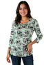 Alfani aqua and black floral blouse, size medium, featuring a scoop neck and casual pullover style.