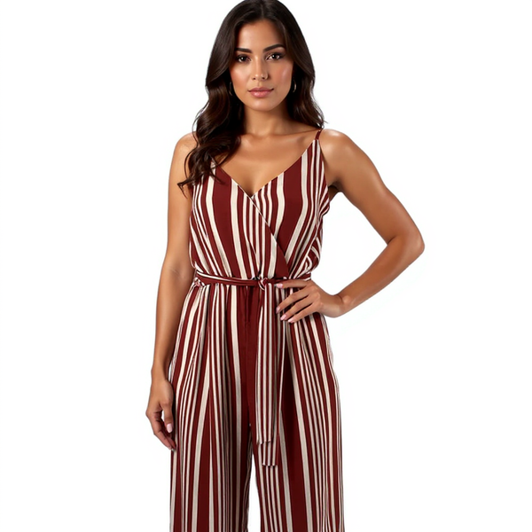 J for Justify Rust/White Striped Ladies Pre-Owned Jumpsuit - Size Small