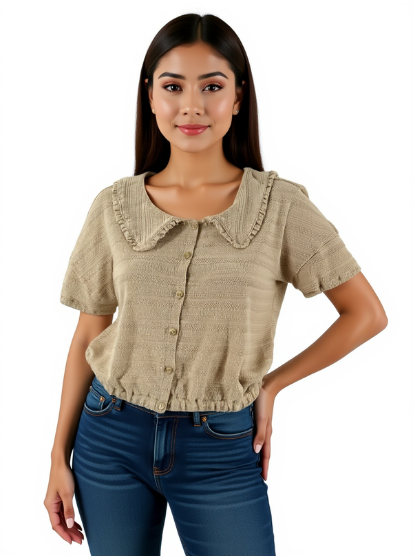 Madewell scallop-trimmed Peter Pan collar cardigan sweater in tan, modeled front view. Size Small, ideal for preppy or cottagecore outfits.