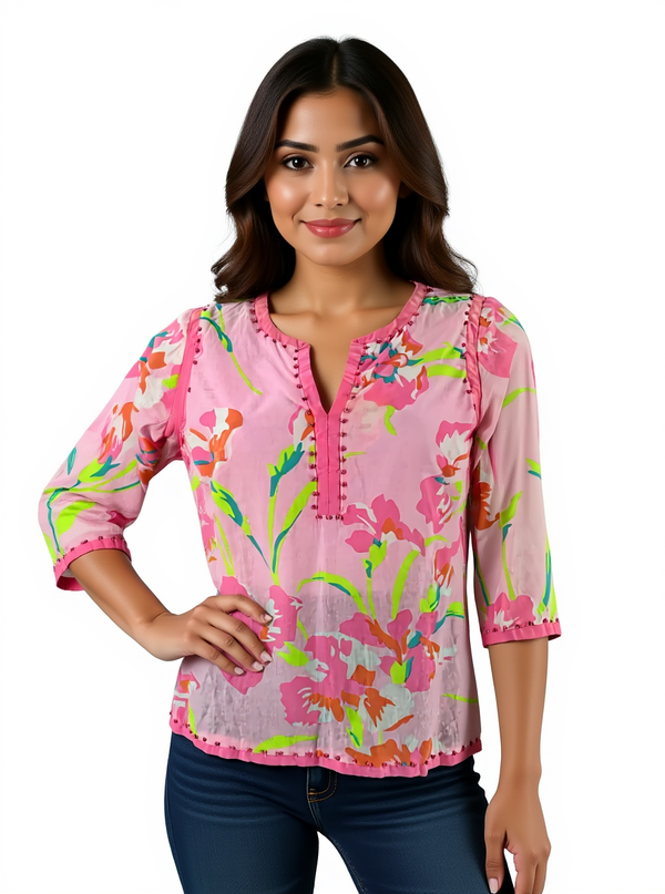 Gretchen Scott Pink/Lime Floral Pre-Owned Ladies Top - Size Small