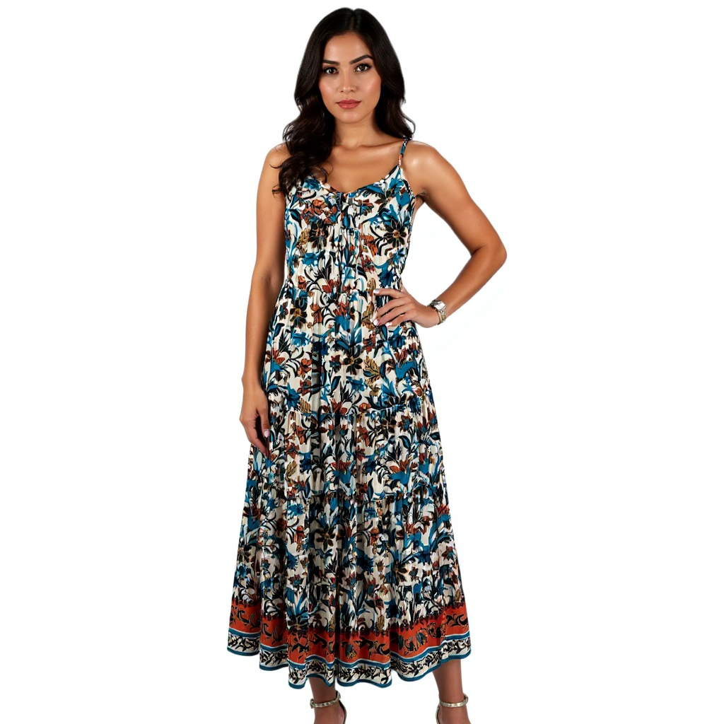 Tan and turquoise floral BOG Collective dress in size XS, featuring a flowing design and feminine silhouette.