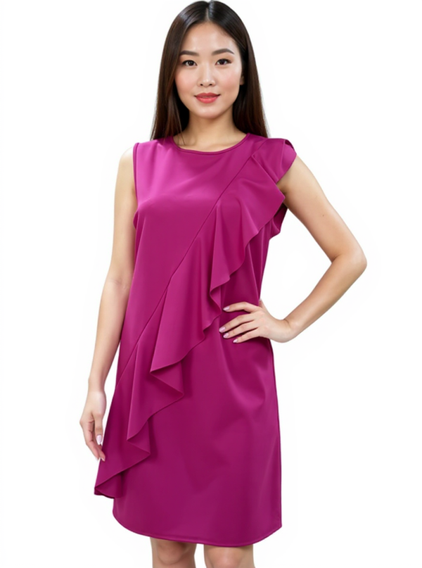 Spence Fuchsia Pink Asymmetrical Ruffle Sheath Cocktail Dress Size 8 modeled on a woman, sleeveless with a cascading front ruffle detail.