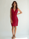 Model wearing Jax V Neck Mini Dress Size 8 in pink lace, available at Margaret’s Fine Consignments. Elegant sleeveless cocktail dress for women.