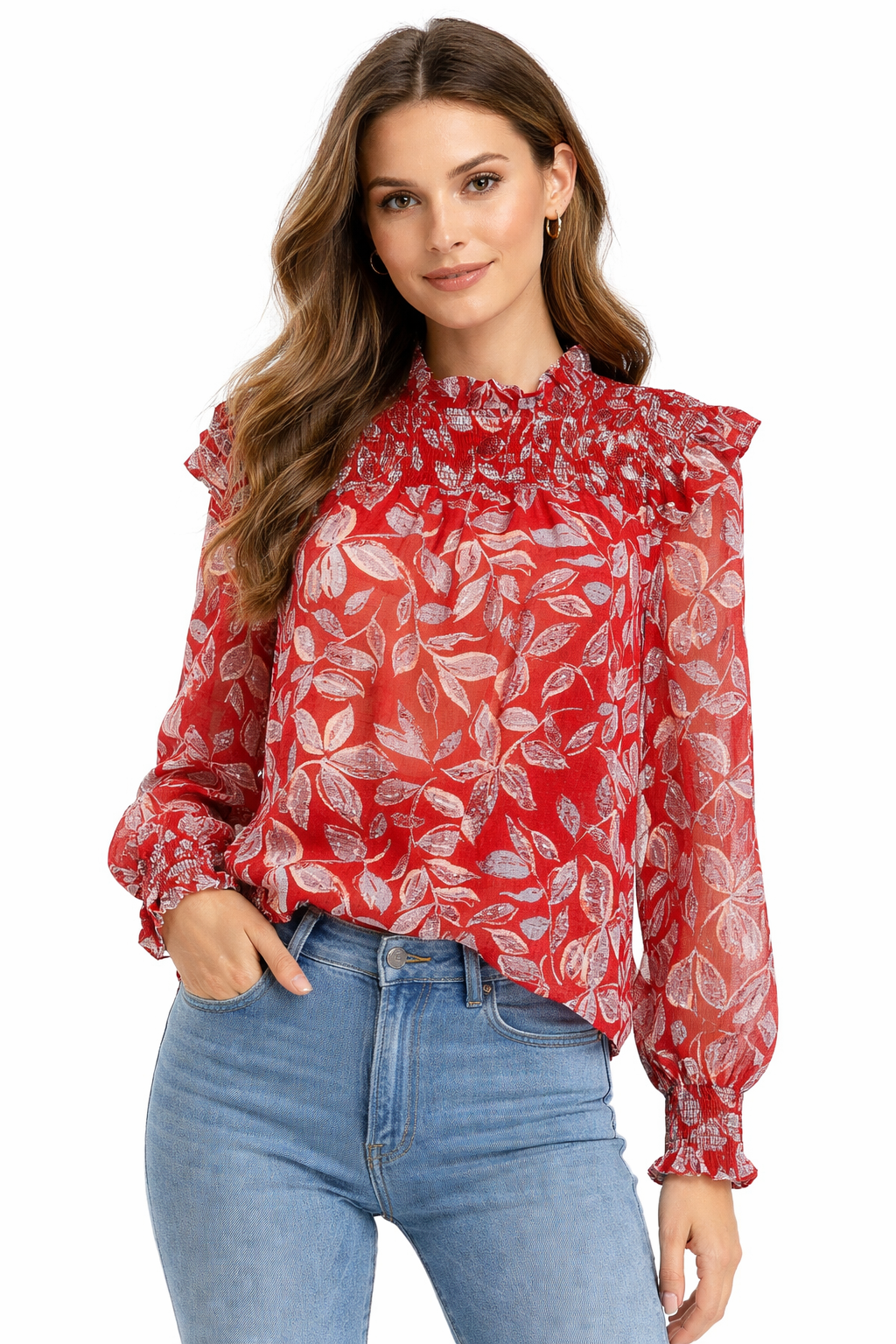 THML Red/Light Blue Print Pre-Owned Ladies Top - Size Small