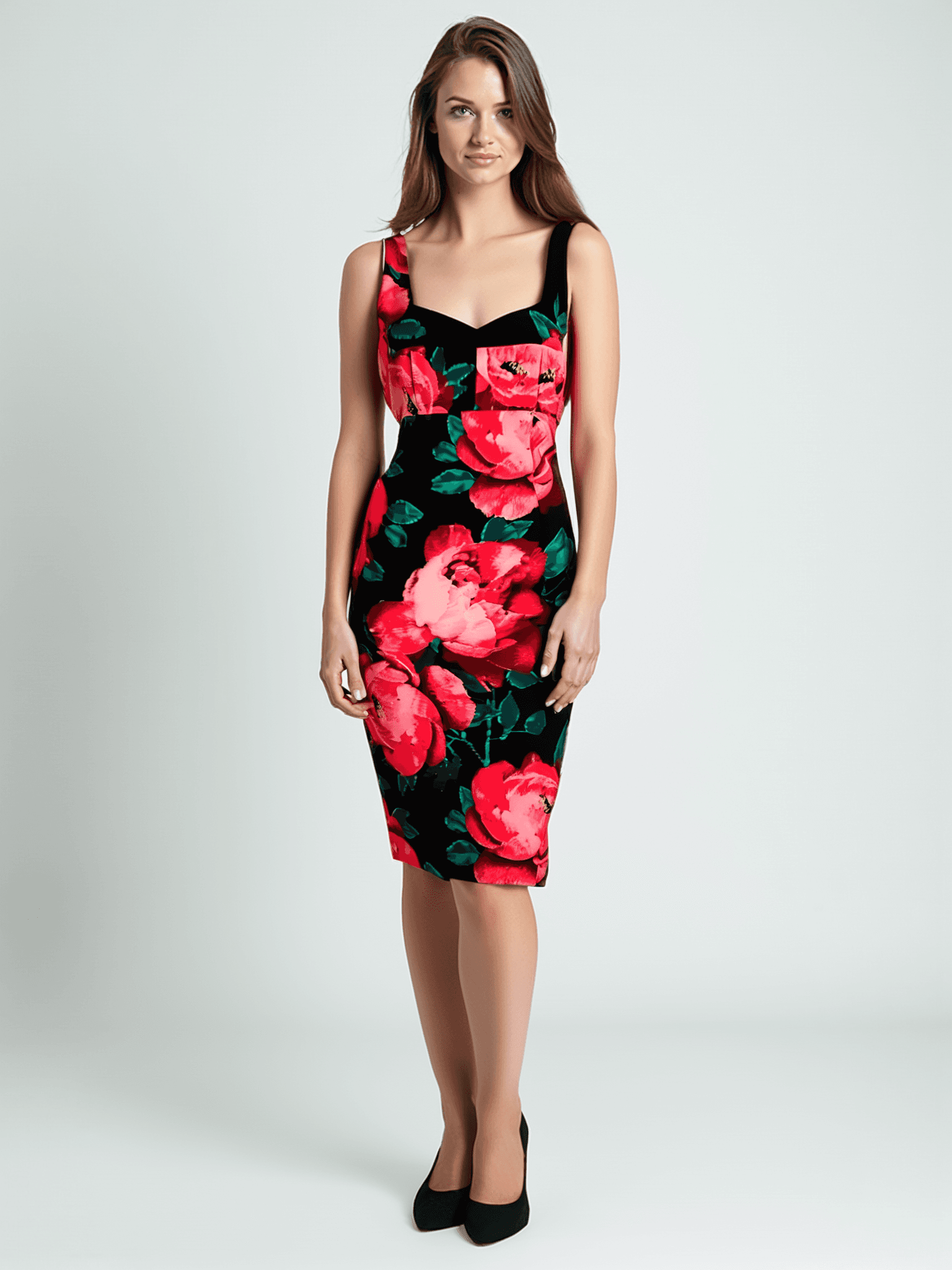 Trina Turk Scoop Neck Knee Dress Size 10 with bold pink and green floral print on black, modeled for Margaret’s Fine Consignments.