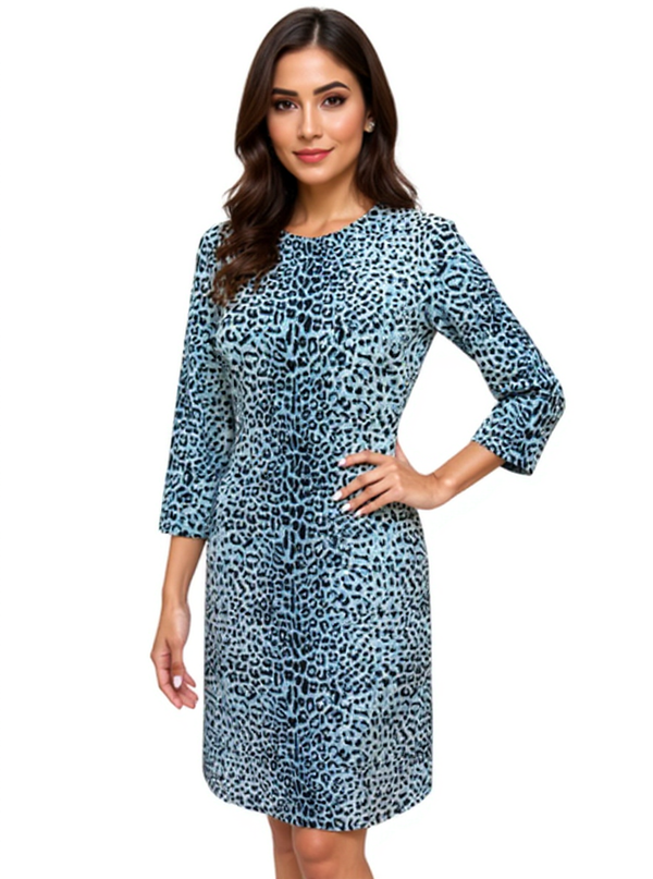 J. McLaughlin Blue Animal Print Catalina Cloth Dress in size M, featuring 3/4 sleeves and a sheath silhouette, ideal for work or travel wear.