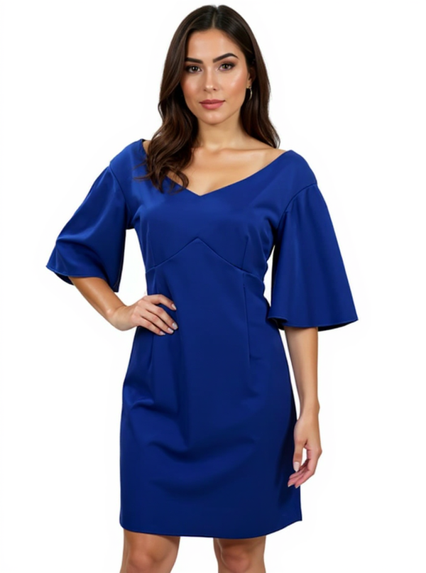 Trina Turk Blue Solid Pre-Owned Ladies Dress Size 8 with V-neck and flounce sleeves, ideal for cocktail parties and weddings.