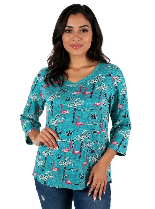 Sunsets & Sweet Tea Turquoise/Multi Flamingo Ladies Top - Size Medium