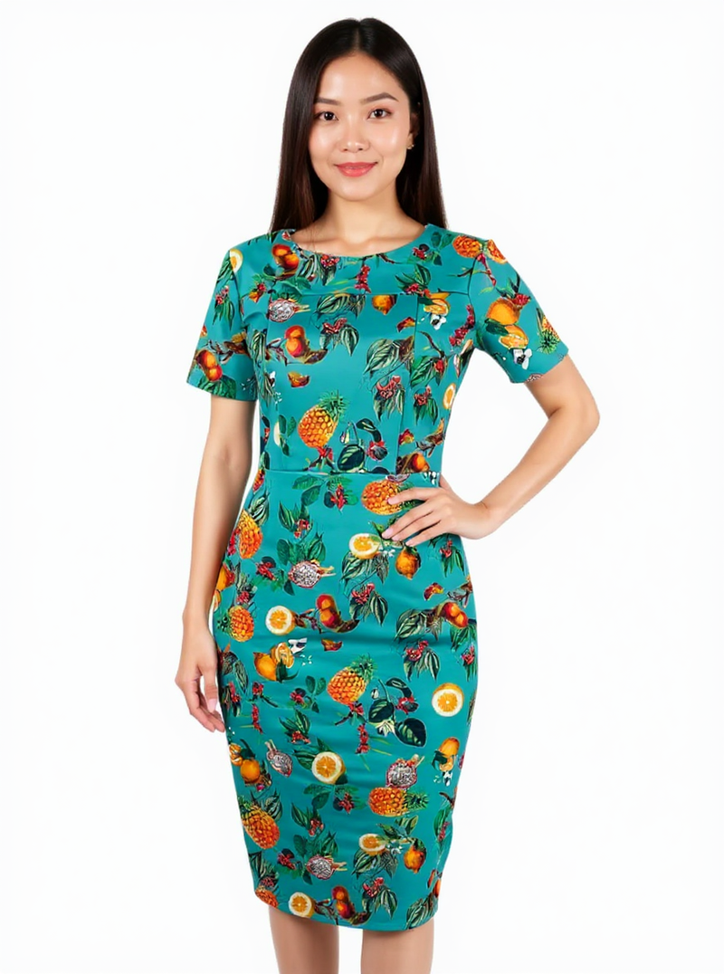 Alexia Admor tropical fruit scuba sheath dress in turquoise, size small, modeled with short sleeves and bodycon fit, ideal for summer events.