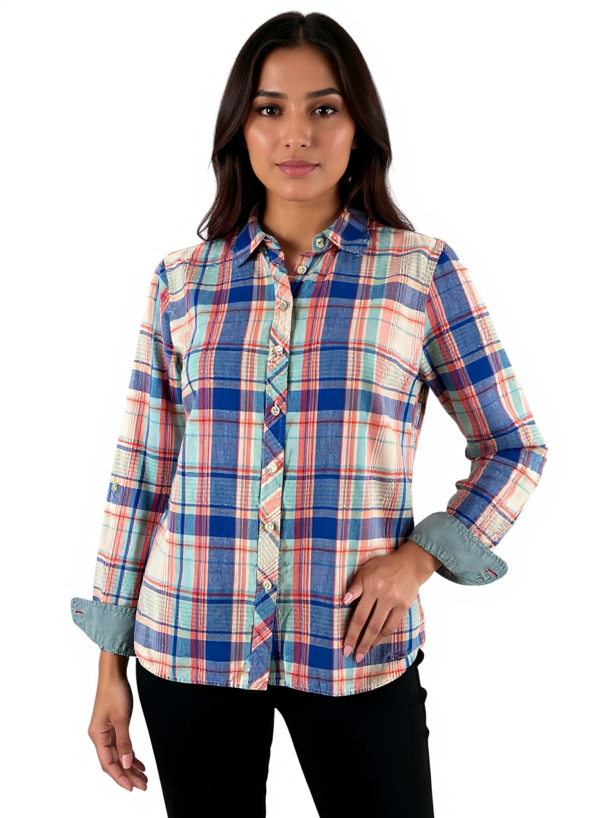 Talbots Petites blue and multi plaid button-down shirt for ladies in size 8 petite, featuring a classic preppy design.