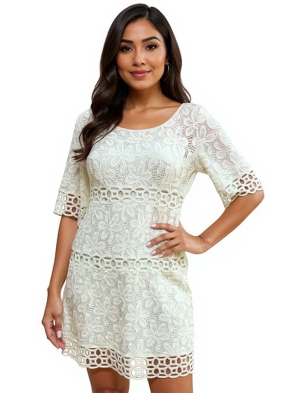 Laundry Cream Lace Pre-Owned Ladies Dress - Size 4 modeled with floral crochet lace, flutter sleeves, and a romantic sheath silhouette.