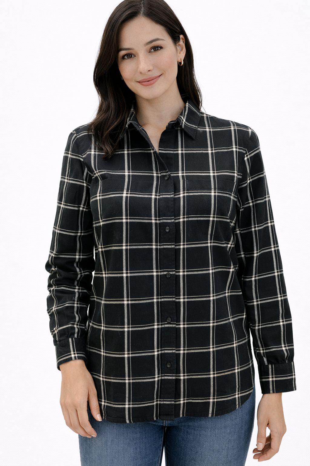 Madewell Black/Cream Plaid Pre-Owned Ladies Top - Size XXS