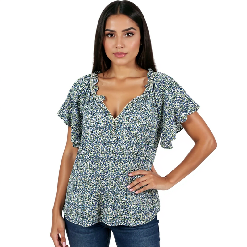 Max Studio White/Blue/Green Floral Pre-Owned Ladies Top - Size Large