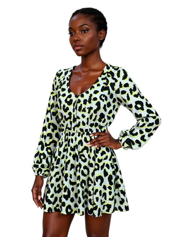 GB Aqua/Yellow/Black Animal Pre-Owned Ladies Dress - Size XS modeled with long sleeves, surplice neckline, and bold animal print design.