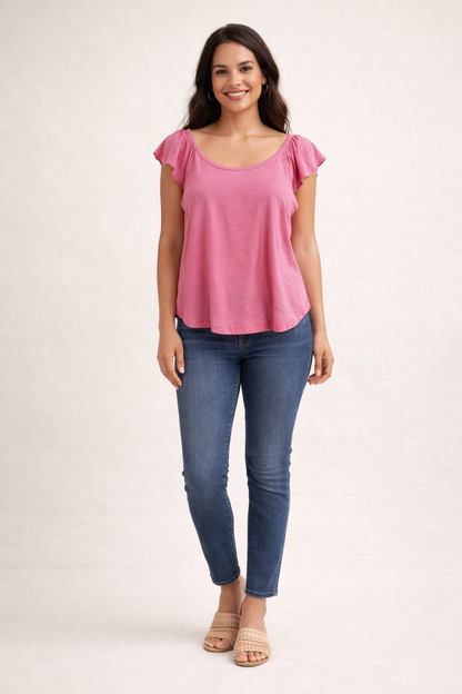 LOFT pink solid pre-owned casual top, size small, featuring a classic t-shirt design suitable for everyday wear.