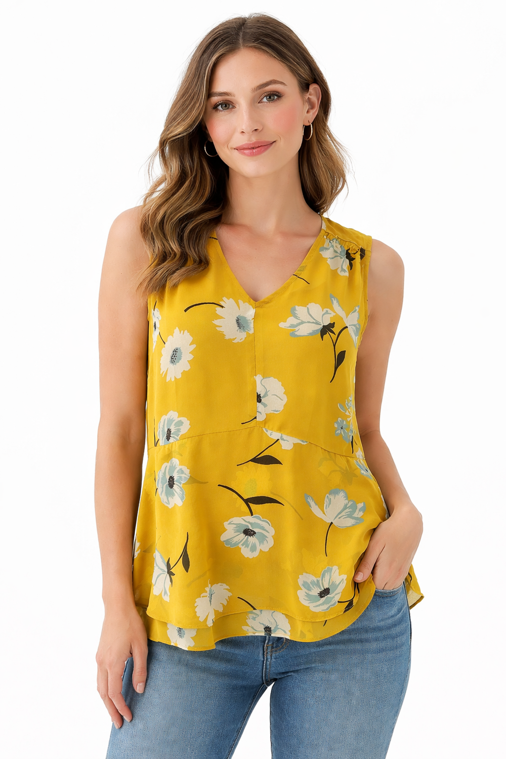 Cabi Yellow/White/Blue Floral Pre-Owned Top - Size Small