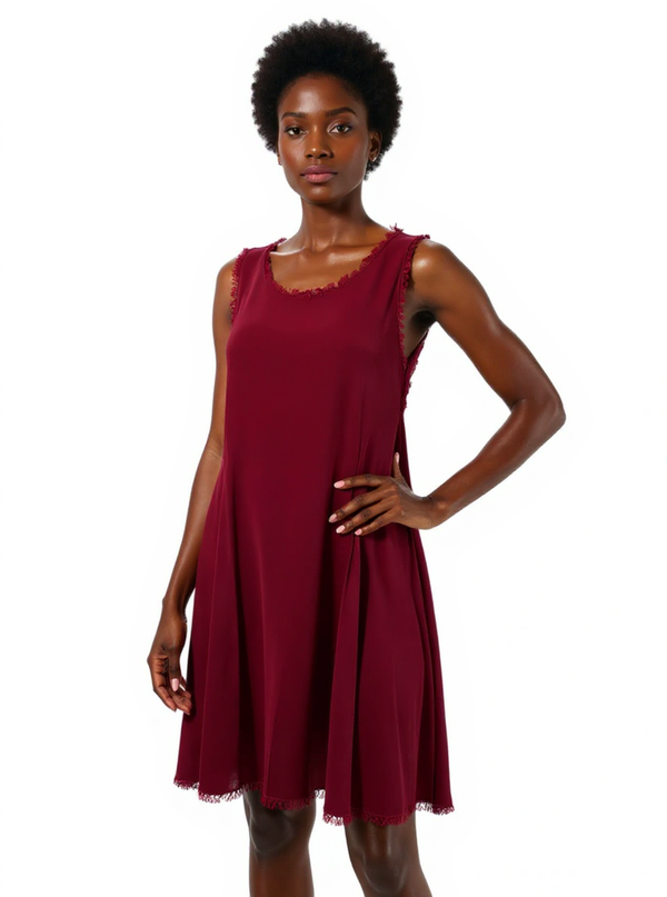 Altar'd State burgundy solid sleeveless swing dress in size large, featuring a scoop neck and fringe trim, modeled for casual boho style.