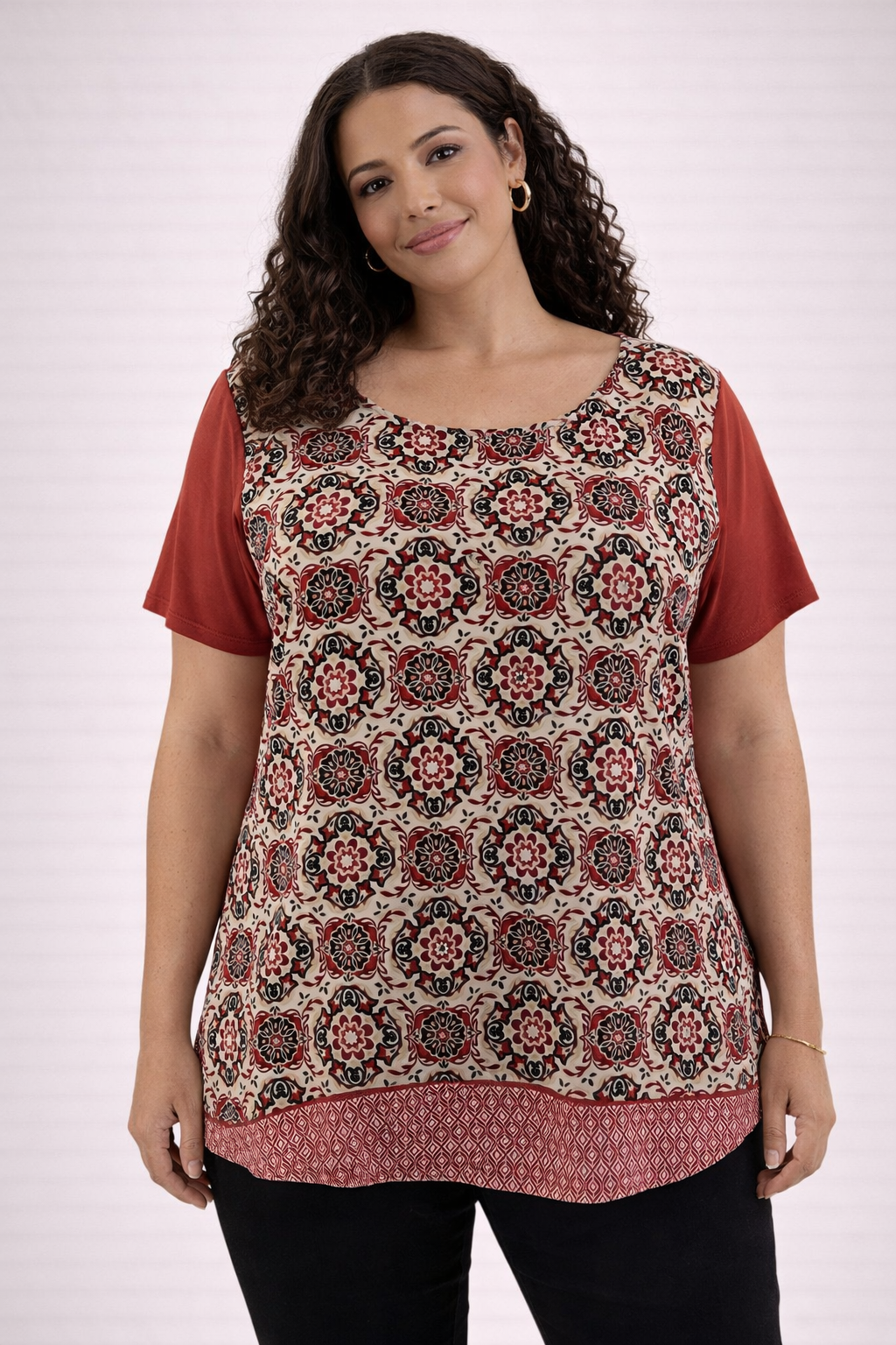 Ann Taylor mixed media white and rust print colorblock swing top for women, size large, casual style.