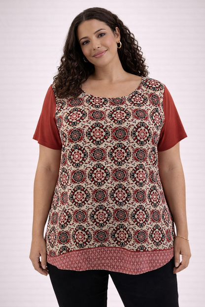 Ann Taylor mixed media white and rust print colorblock swing top for women, size large, casual style.