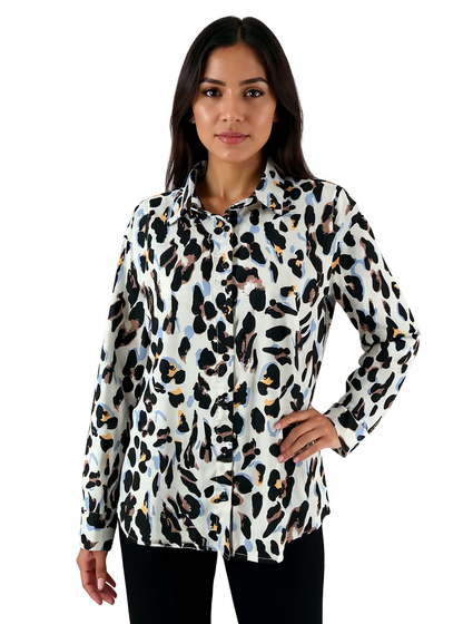 Beachsiss white and black animal print button-down blouse for women, size medium, featuring a classic collar and casual style.