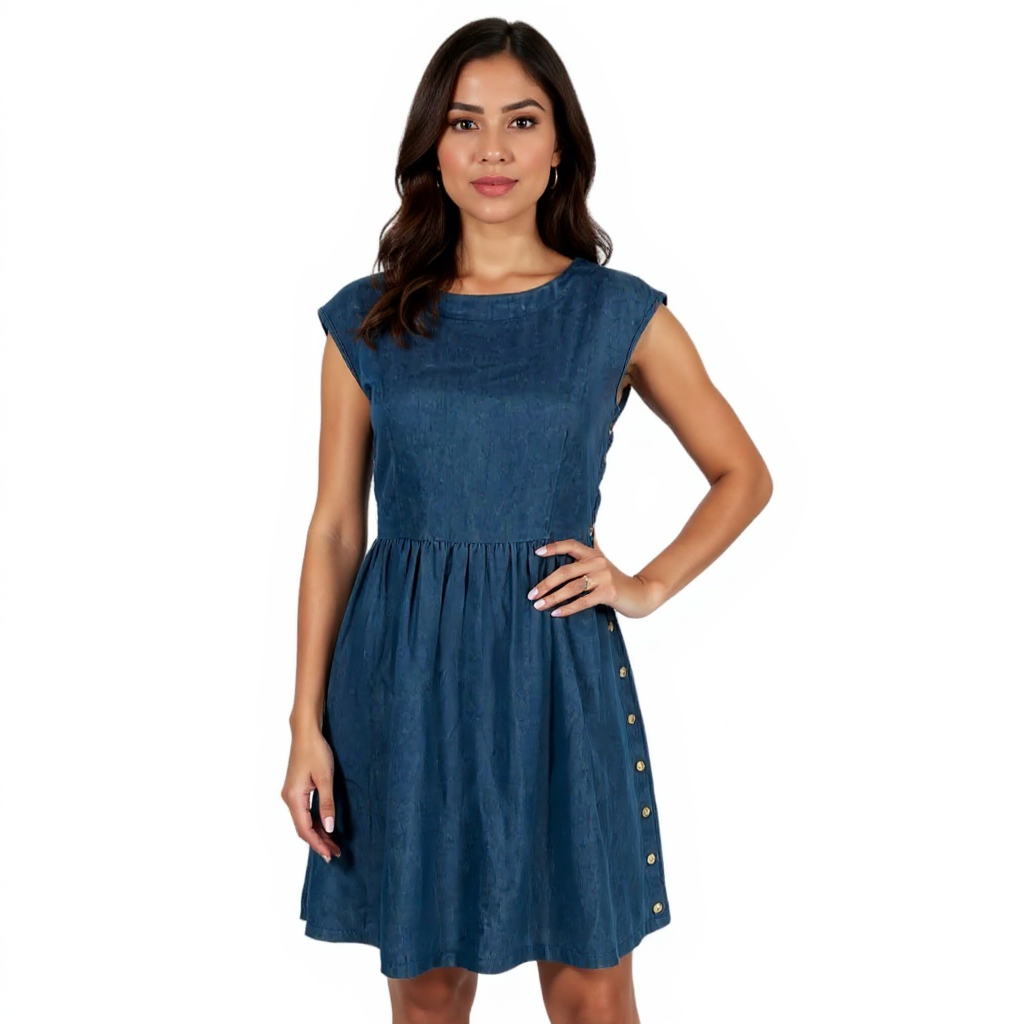 Mod Ref denim solid dress in medium size, showcasing a casual style with a fitted silhouette and short sleeves.