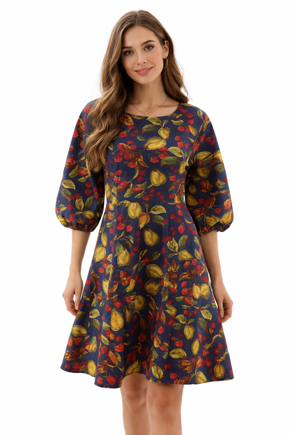 Talbots Navy/Green/Red Fruit Pre-Owned Ladies Dress - Size 12 Petite