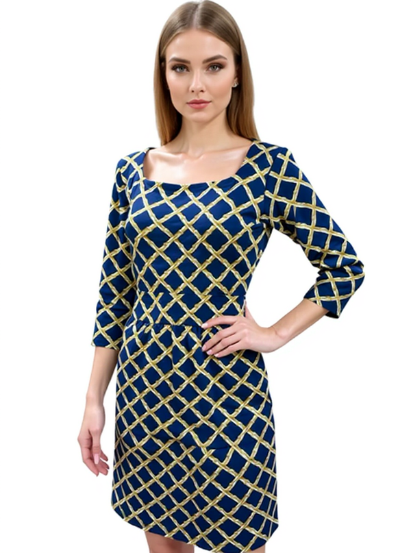 Jj Mclaughlin Blue/Gold Print Pre-Owned Ladies Dress in size medium, modeled to show square neckline, 3/4 sleeves, and sheath silhouette.
