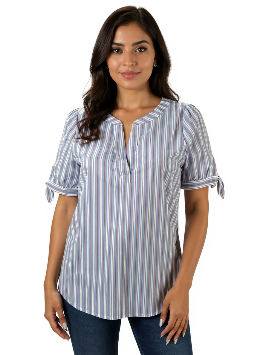 Talbots pre-owned white, blue, and red striped popover blouse for women in size small petite, with a classic coastal style.