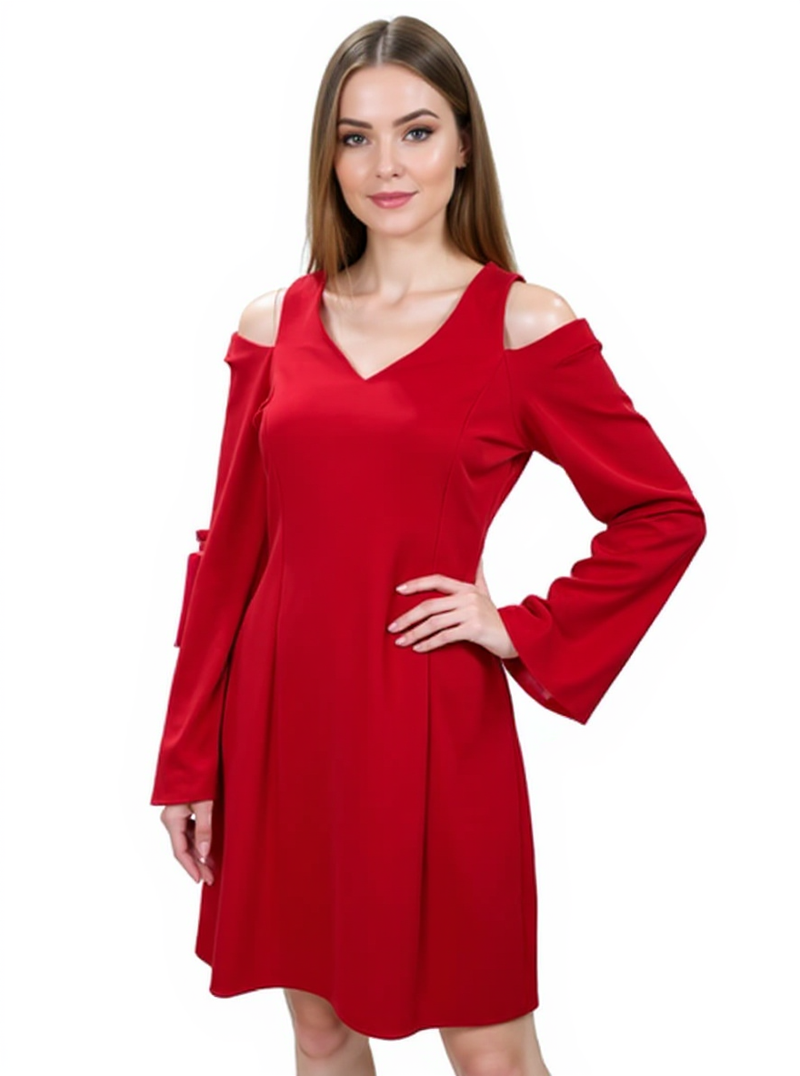 Emma Michele red solid cold shoulder dress with flared sleeves and V-neck, size 8, modeled for party or cocktail wear.
