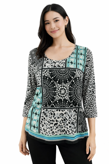 Spartelle White/Black/Aqua Print Pre-Owned Ladies New with Tags Top - Size Large Petite - Margaret’s Fine Consignment