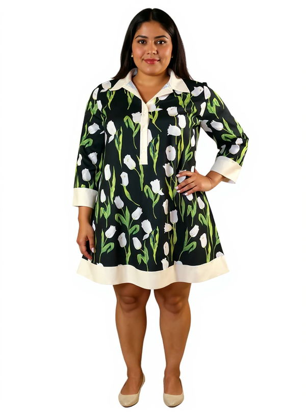 Uoozee Floral Tulip Print Shift Dress with Contrast Collar in black and cream, modeled in size XL. Features 3/4 sleeves and A-line silhouette.